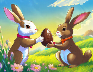 Two Easter bunnies giving each other a chocolate egg in a green meadow with pink flowers on a sunny day