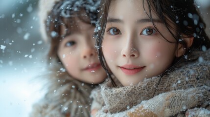 a couple of young women standing next to each other under a snow covered sky with snow flakes on them.