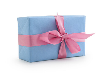 Blue paper present box with pink ribbon bow isolated on white background - 778169459