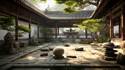 A zen temple courtyard with a sense of tranquility and peace