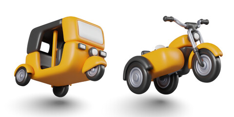 Realistic yellow auto rickshaw car, motorcycle with sidecar. Set of three wheeled vehicles
