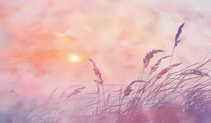 Watercolor painting of the sun and grass against a dawn sky. The concept of morning freshness.