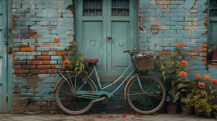 Nestled against aged bricks, a vintage bicycle becomes a relic of forgotten journeys-2 - obrazy, fototapety, plakaty
