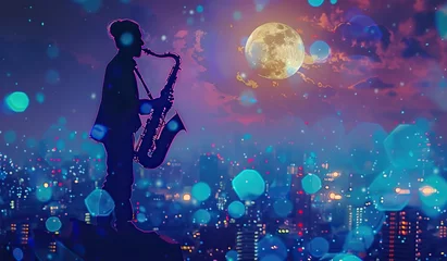 Foto op Canvas Silhouette of a person playing the saxophone against the backdrop of a night city and a large moon. The concept of music and city nightlife. © volga