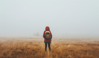 Traveler in a red cloak walking through a field of tall grass in foggy weather. The concept of solitude and contemplation. - obrazy, fototapety, plakaty