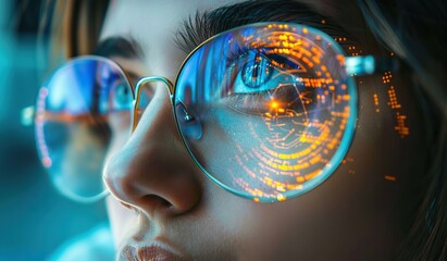 Woman with glasses reflecting network graphics. The concept of cyber-intelligence and modern technologies.