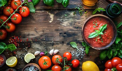 Bowl of tomato soup garnished with basil leaves on a wooden background with vegetables and spices. The concept of Italian cuisine. - obrazy, fototapety, plakaty