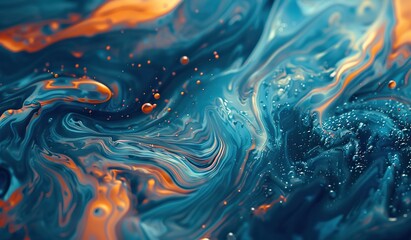 Close-up abstract image of blue and orange oil swirls. The concept of color abstraction and...