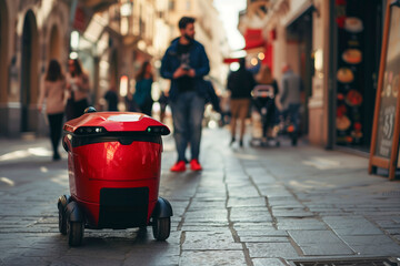 Red automated food delivery robot drives down a city street in the evening