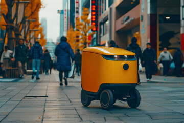 An automated robot car drives down the street and delivers food and parcels