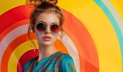 Fashionable young woman with large sunglasses against a background of rainbow circles. The concept...