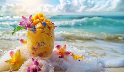 Tropical fruit drink on the beach with flowers. The concept of resort relaxation and refreshing cocktails. - obrazy, fototapety, plakaty