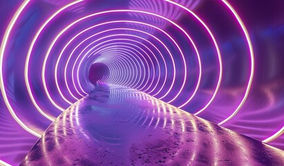 Neon light tunnel in purple tones. The concept of abstraction and modernism.