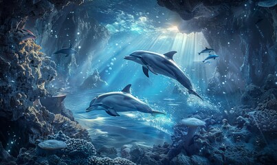 Naklejka premium A flock of dolphins underwater amidst the glare of sunlight generated AI