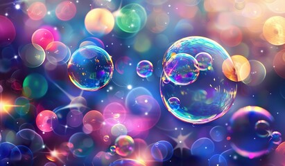 Soap bubbles with rainbow light and reflections. The concept of playfulness and joy.