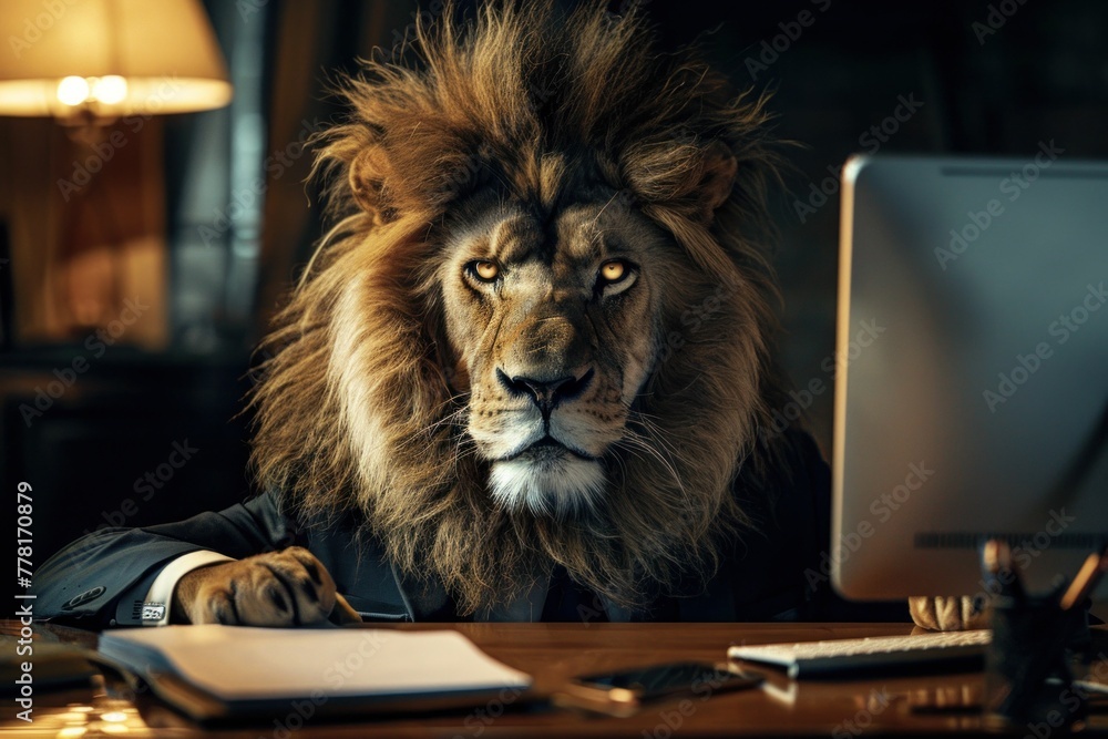 Poster a sophisticated lion working in office environment with modern technology devices such as computer a
