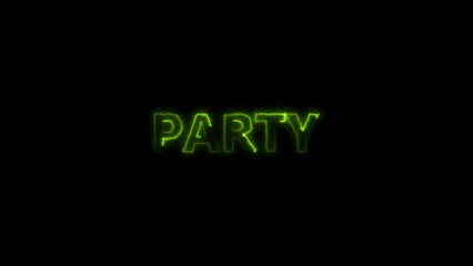  Abstract Led neon text turquoise color illustration. 'Party' Neon glowing Sign. Black background 4k illustration.