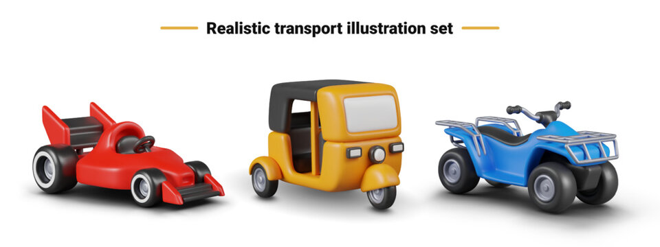 Set of vehicles in 3D cartoon style. Red racing car, yellow auto rickshaw taxi, blue quad bike