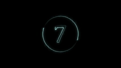 Abstract digital seven countdown circle cyan color illustration. Cyan Neon light seven number black background 4k illustration.	