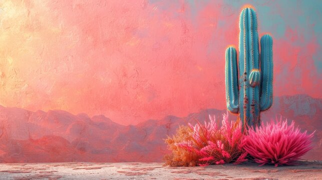 a painting of a cactus and pink flowers in front of a pink and blue wall with mountains in the background.