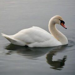 Fototapeta premium White Swan Swimming in a Calm Lake Under Beautiful Sunlight