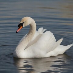 Obraz premium White Swan Swimming in a Calm Lake Under Beautiful Sunlight