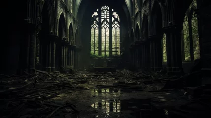 Foto op Canvas Eerie old church with broken windows and an eerie aura © Cloudyew