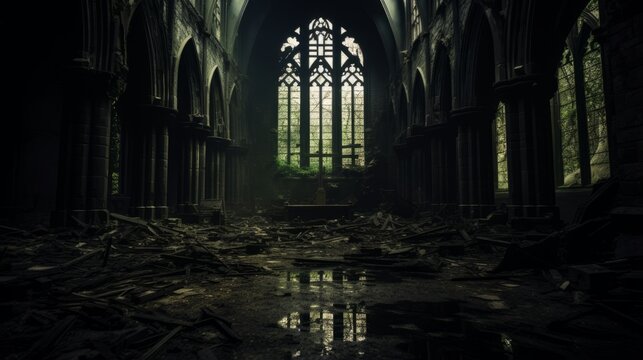 Eerie old church with broken windows and an eerie aura