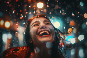 A person revels in rain with pure joy, head tilted back in laughter, their glowing skin dotted with raindrops against a softly lit, blurred urban backdrop. - obrazy, fototapety, plakaty