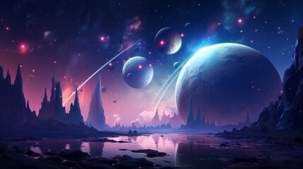 Futuristic hyper space landscape with celestial bodies