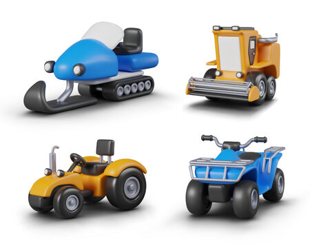 Collection of modern vehicles for work and fun. Snowmobile, combine harvester, tractor, ATV