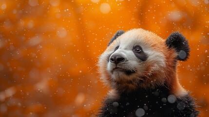a close up of a panda bear's face with a blurry background of trees and snowflakes.