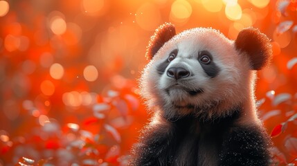 Naklejka premium a close up of a panda bear in a field of flowers with a bright light shining on it's face.