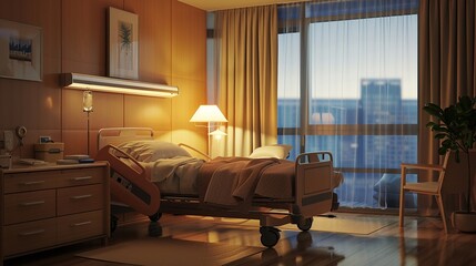 Adjustable hospital bed, private room, warm lamp light, comfort , cinematic