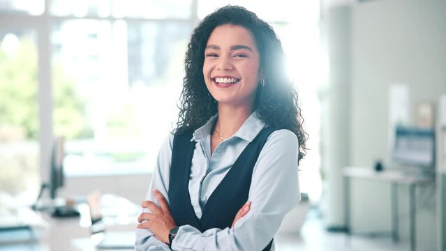 Confident, woman or smile in corporate, business or office as professional, pride or ready for work. Businesswoman, arms crossed or happy at career, ambition or employment in financial company