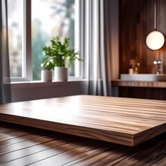 Empty wooden podium on table with blurred bathroom background for product display, AI Generated