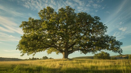 Craft a captivating image highlighting the grandeur of a mature tree, symbolizing strength and longevity. 