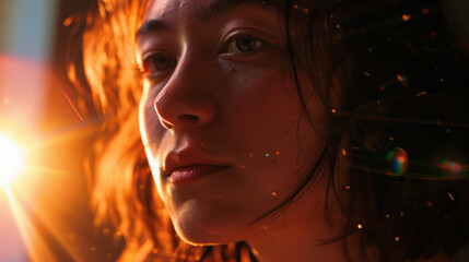 Woman captured in a photograph using an anamorphic lens that creates a distorted, stretched effect, resembling a lens flare