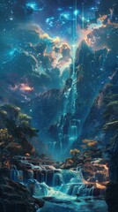 Nebula Nectar waterfalls cascade into Whispering Willow valleys