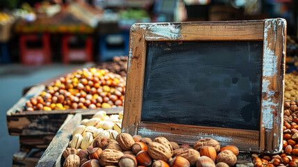Counter on farmer's market with variety of nuts, empty chalkboard for inscription. Copy space....