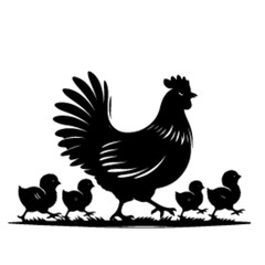 minimalist A hen with her chick leading her chicks across the yard vector black color silhouette, Black color silhouette-02