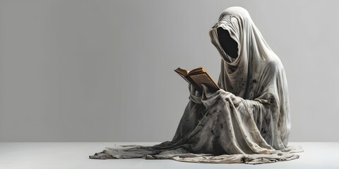 Enigmatic Spectral Scholar Deeply Immersed in Arcane Tomes of Obscured Wisdom and Knowledge - obrazy, fototapety, plakaty