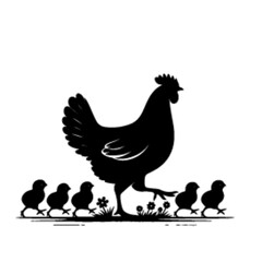minimalist A hen with her chick leading her chicks across the yard vector black color silhouette, Black color silhouette-15