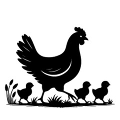 minimalist A hen with her chick leading her chicks across the yard vector black color silhouette, Black color silhouette-13