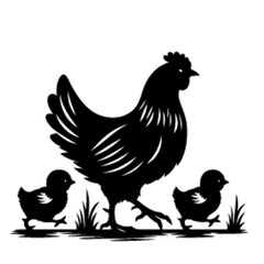 minimalist A hen with her chick leading her chicks across the yard vector black color silhouette, Black color silhouette-14