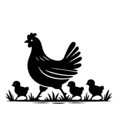 minimalist A hen with her chick leading her chicks across the yard vector black color silhouette, Black color silhouette-16