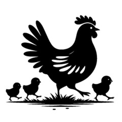 minimalist A hen with her chick leading her chicks across the yard vector black color silhouette, Black color silhouette-17