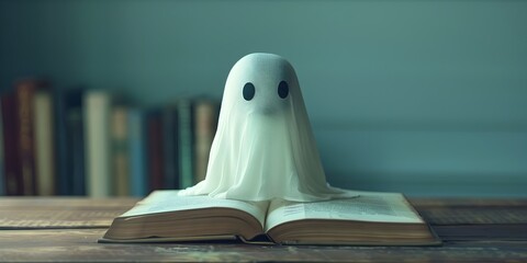 Ghostly Spirit Lingering Within the Pages of a Mystical Tome on a Minimalist White Background - obrazy, fototapety, plakaty