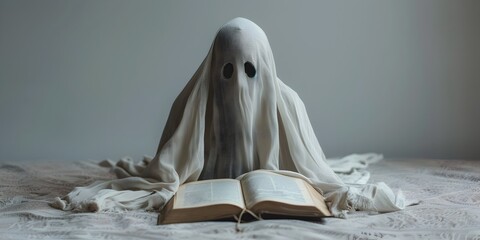 Ghostly Figure Shrouded in Mystery Lost in Arcane Pages of Haunting Literary Spirit on Isolated White Background