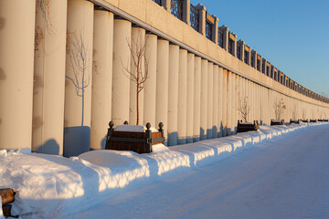 Winter sunset on the Embankment. Ufa city, Republic of Bashkortostan